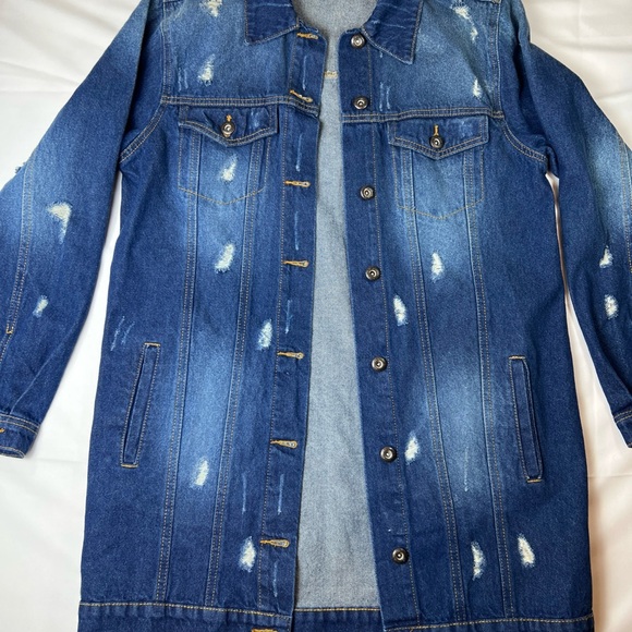 Woman's‎ Long Demin Jean Jacket Distressed Duster Streetwear Dark Wash Size Med - Picture 1 of 11